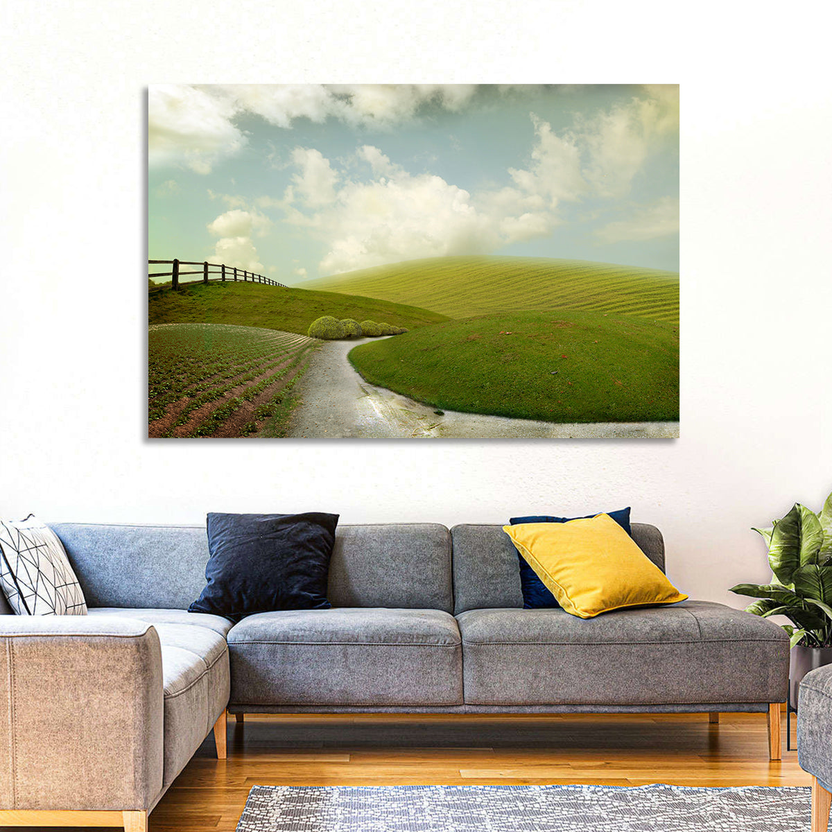 Winding Road Through Rolling Hills Wall Art in a room, landscape