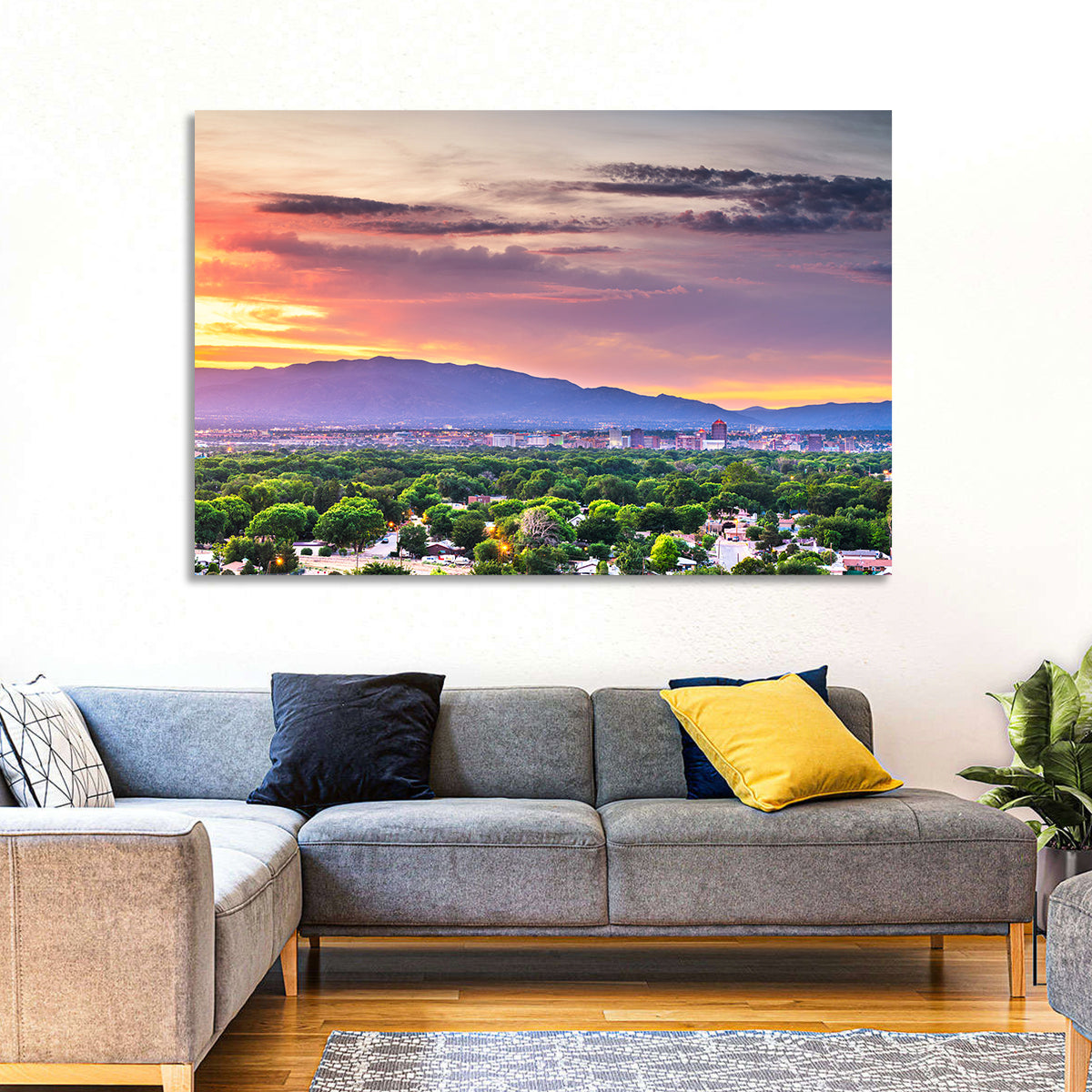 Albuquerque Skyline at Dusk Wall Art in a room, landscape
