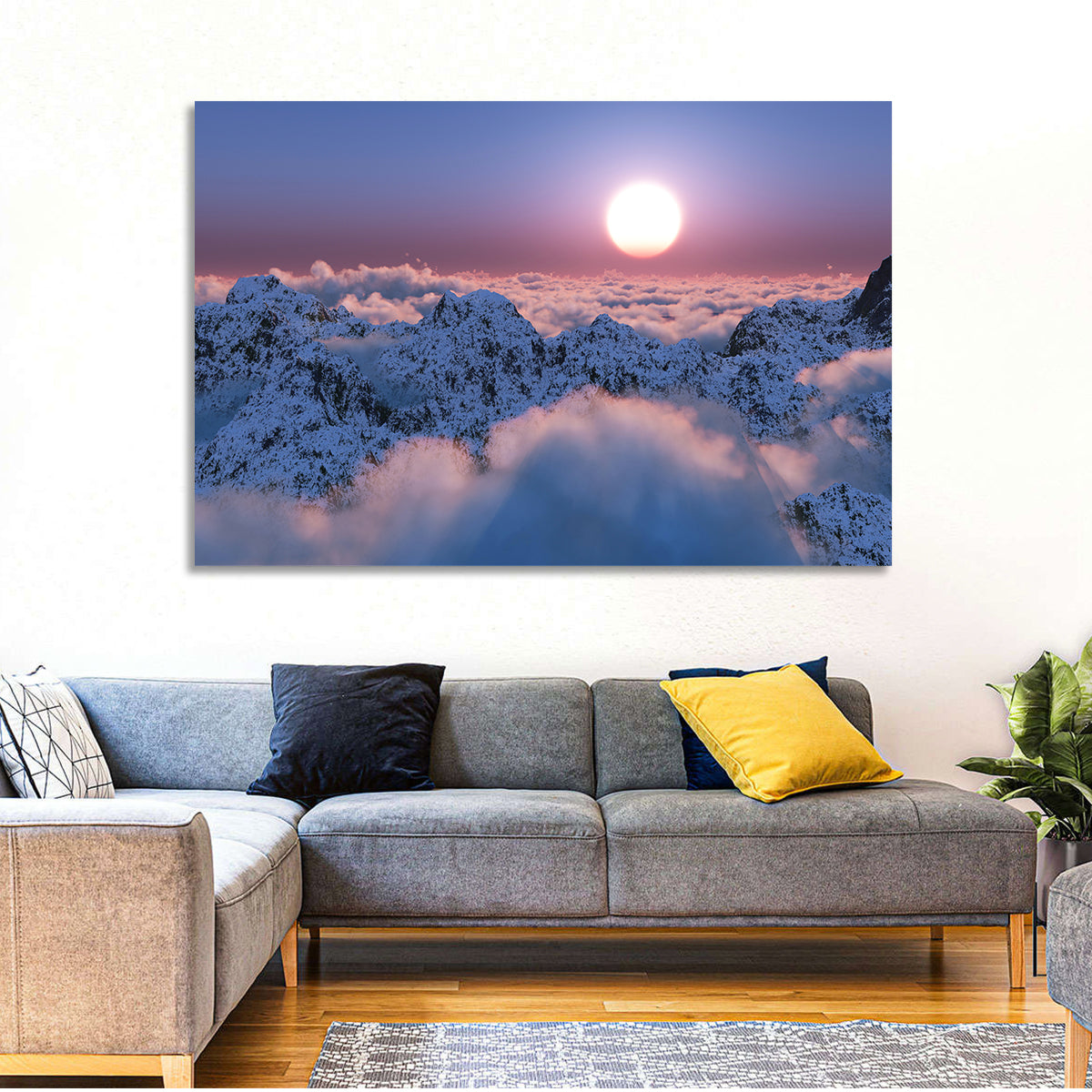 Sunset Above Snowy Mountains Wall Art in a room, landscape