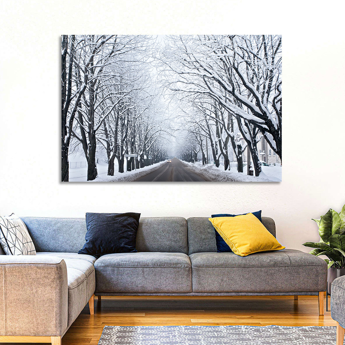 Snowy Road with Distant Headlights Wall Art in a room, landscape