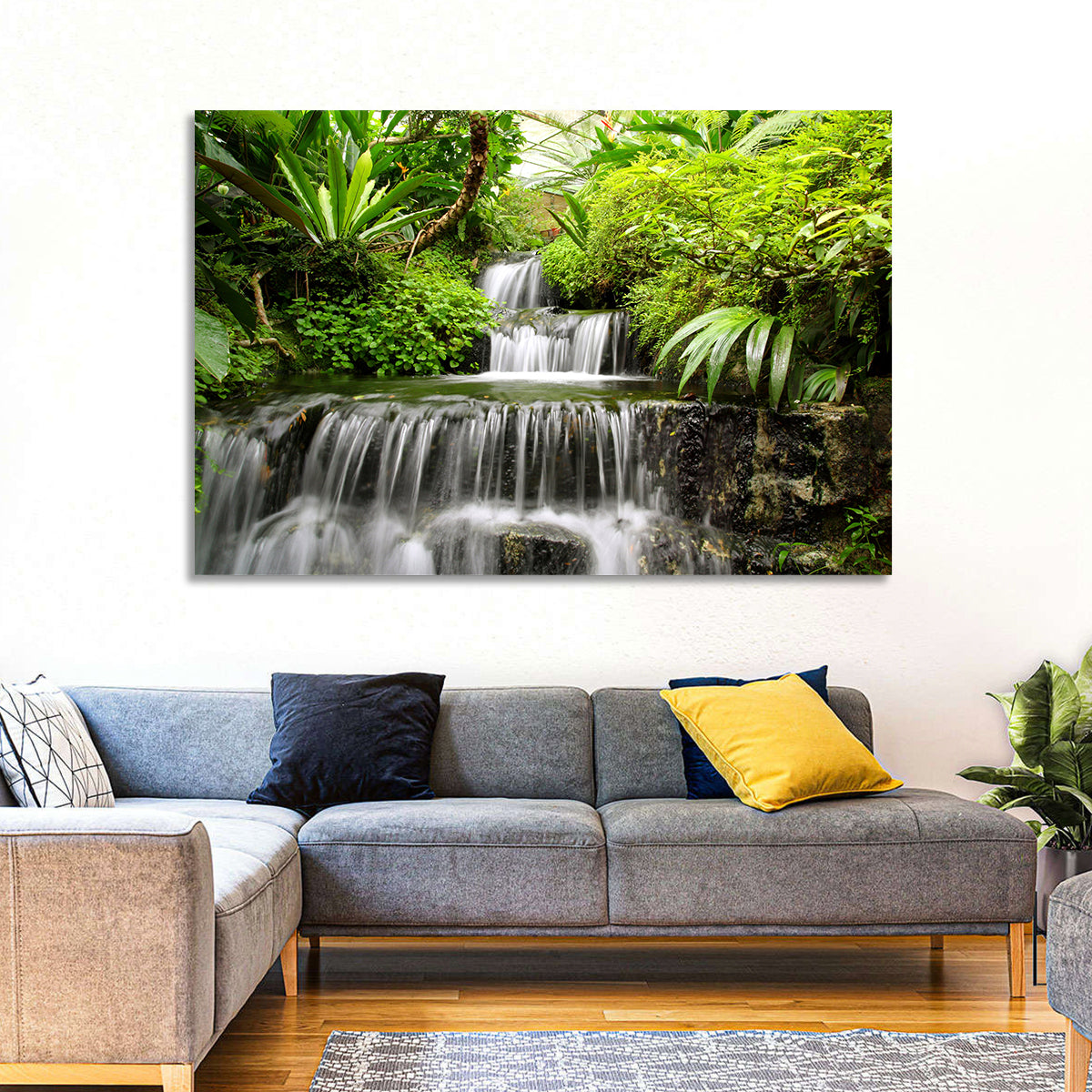 Lush Rainforest Cascade Wall Art in a room, landscape