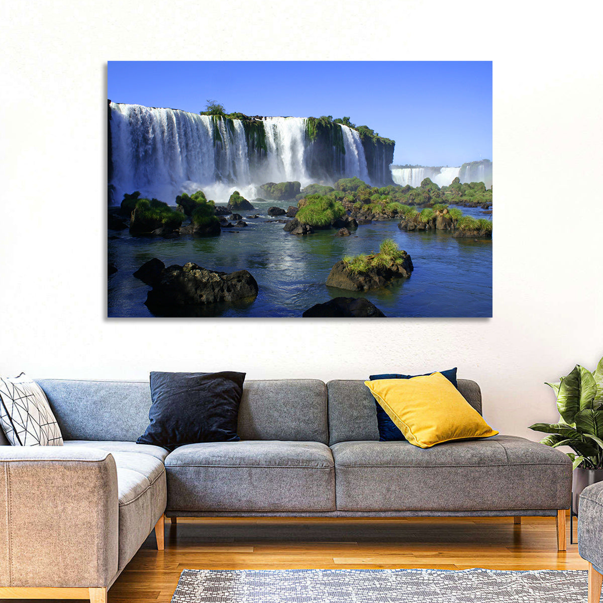 Iguazu Falls Mossy Rocks Wall Art in a room, landscape