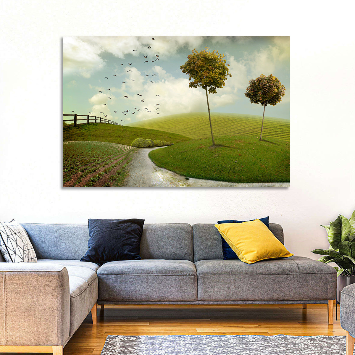 Serene Green Hills Pathscape Wall Art in a room, landscape