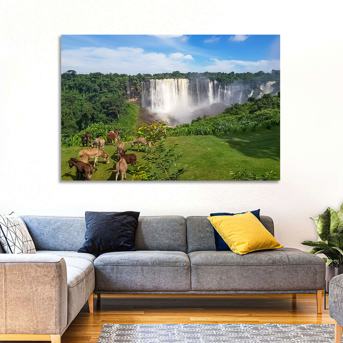 Kalandula Falls and Grazing Donkeys Wall Art