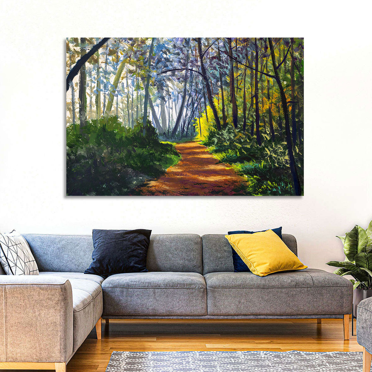 Sunlit Forest Alley Path Wall Art in a room, landscape