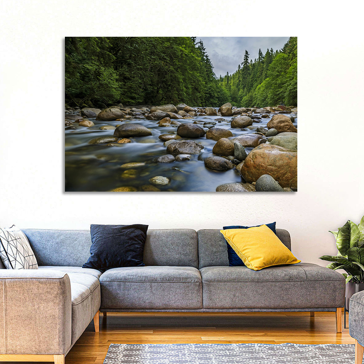 Lynn Canyon Riverbed Forest Wall Art in a room, landscape
