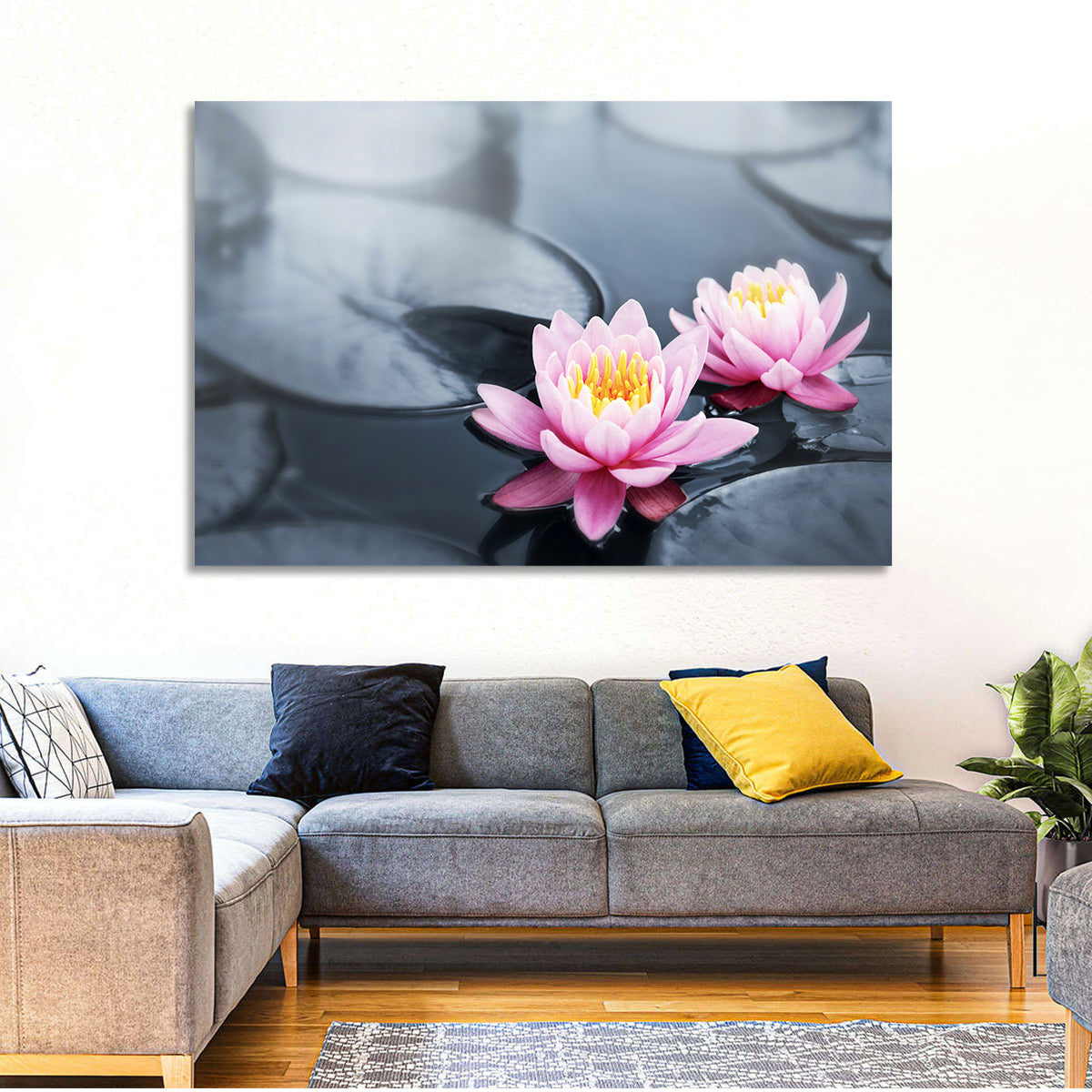 Pink Water Lilies Wall Art in a room, landscape