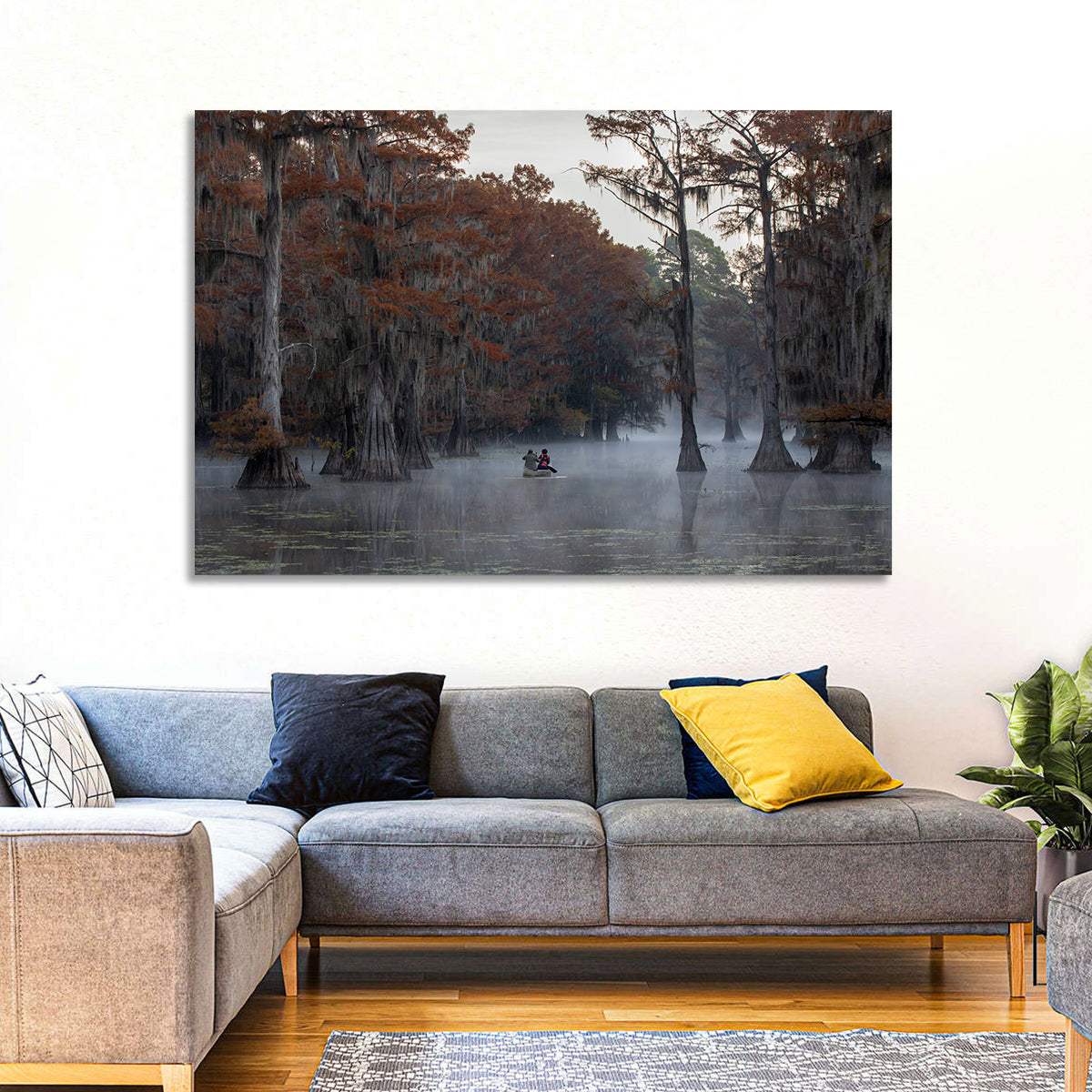Caddo Lake Morning Mist Wall Art in a room, landscape