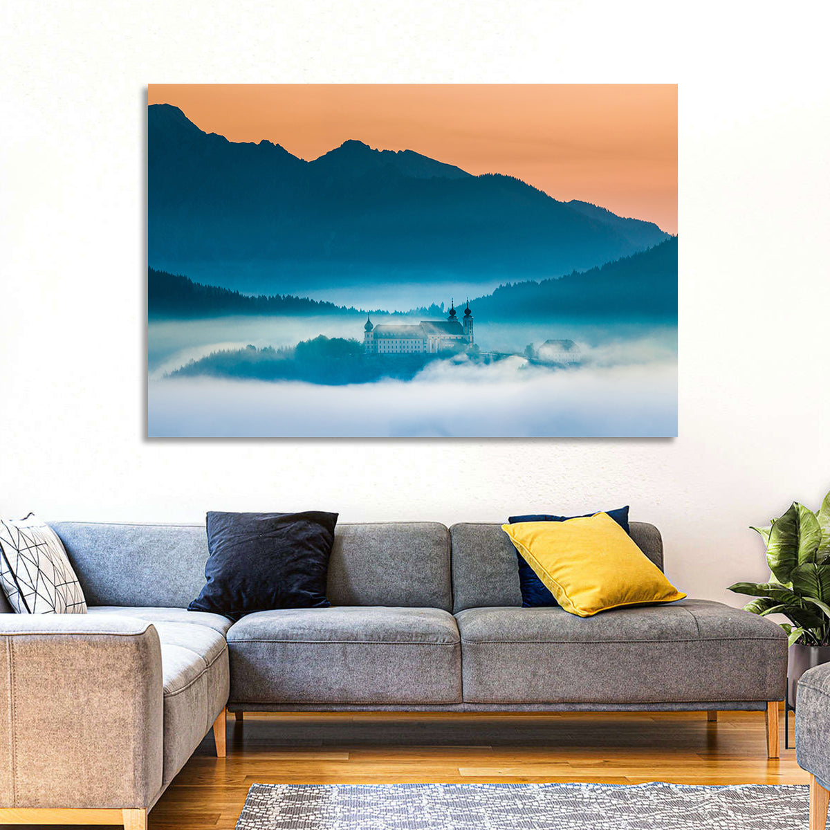 Benediktbeuern Abbey in Morning Fog Wall Art in a room, landscape