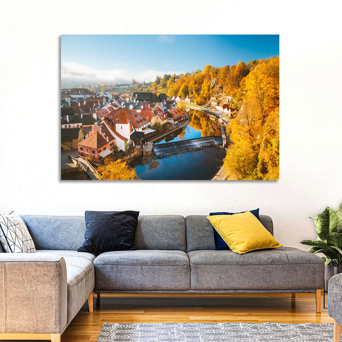 Český Krumlov River Weir in Autumn Wall Art in a room, landscape