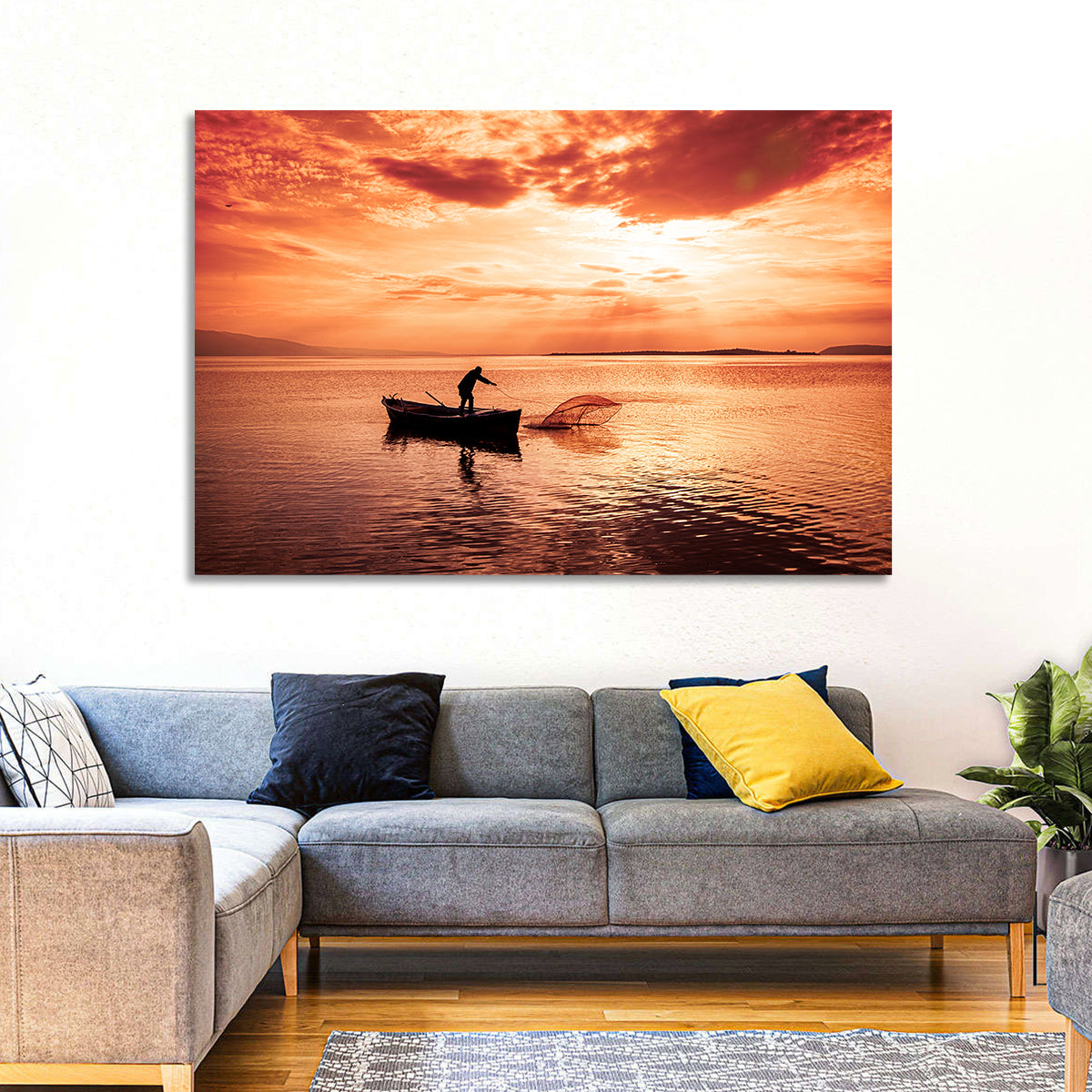 Uluabat Lake Fisherman at Dusk Wall Art