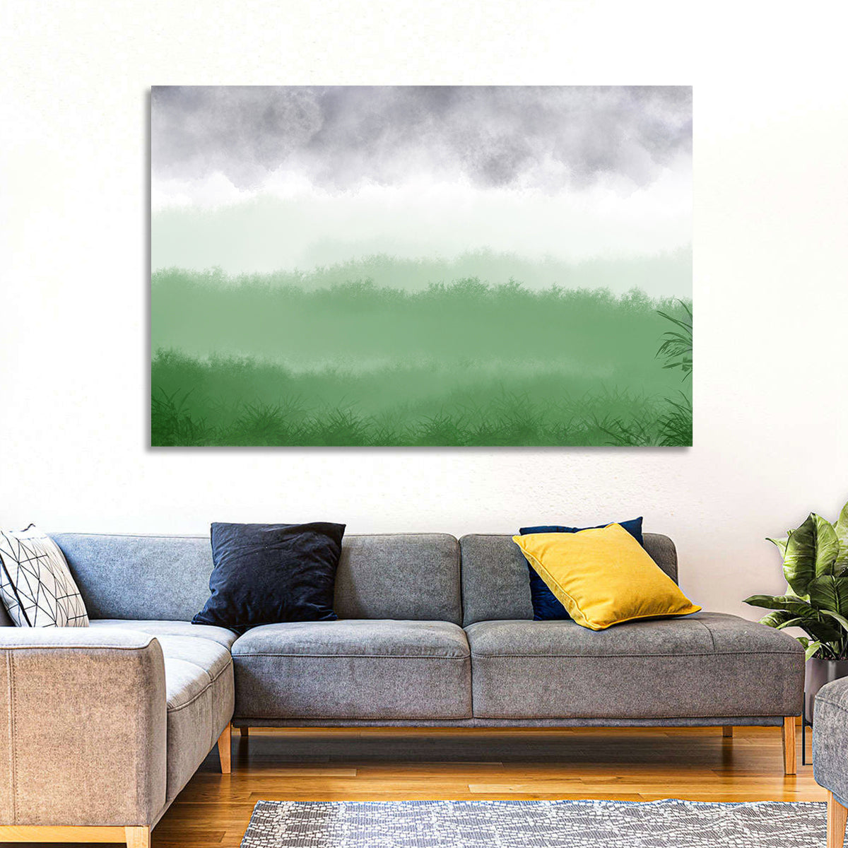 Misty Green Fields Wall Art in a room, landscape