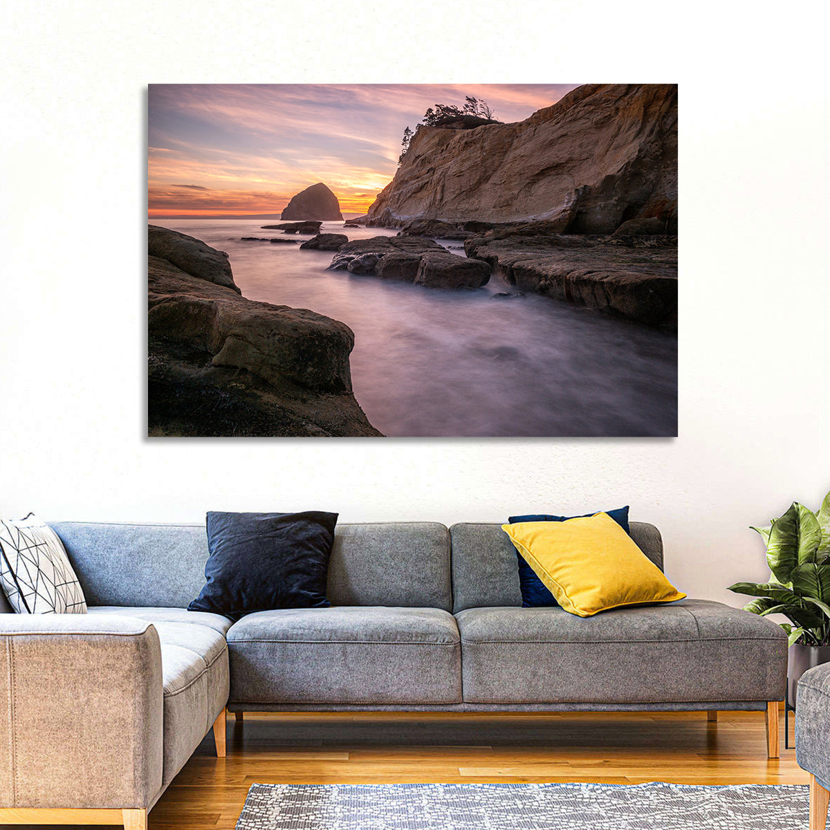 Haystack Rock at Cape Kiwanda Wall Art in a room, landscape