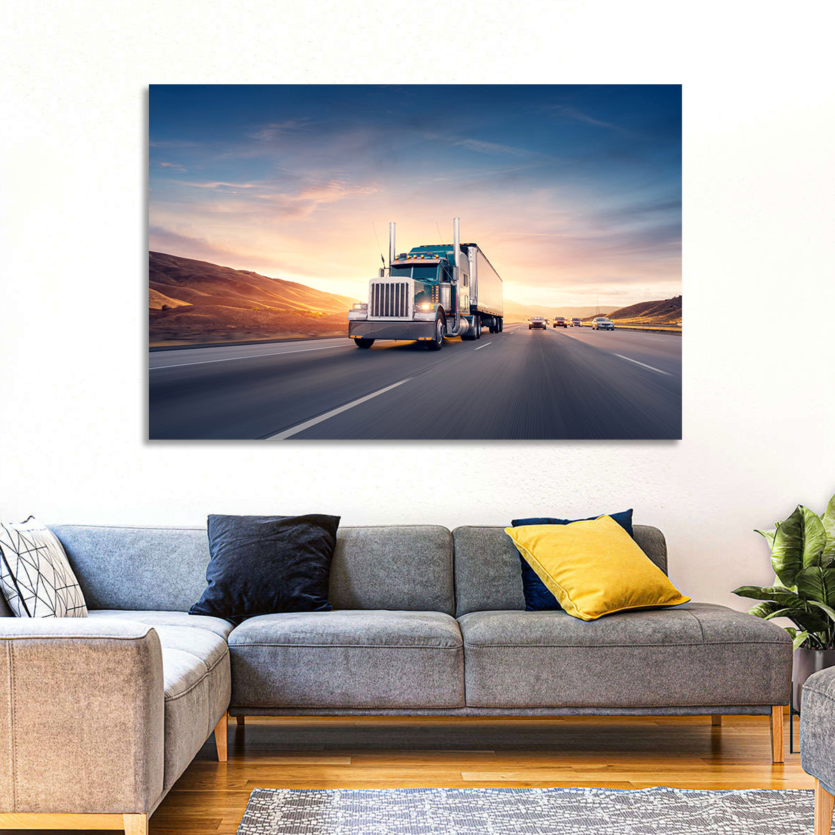 Semi Truck Highway Sunset Wall Art in a room, landscape