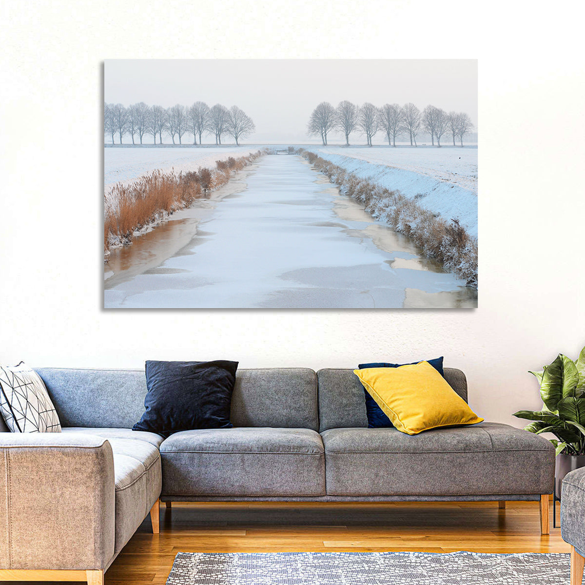 Frozen Canal with Bare Trees Wall Art in a room, landscape