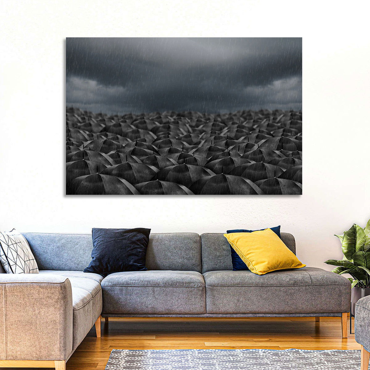 Clustered Umbrellas in Rain Wall Art in a room, landscape