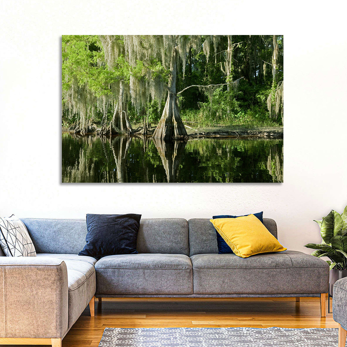 Bald Cypress and Great Blue Heron Wall Art in a room, landscape
