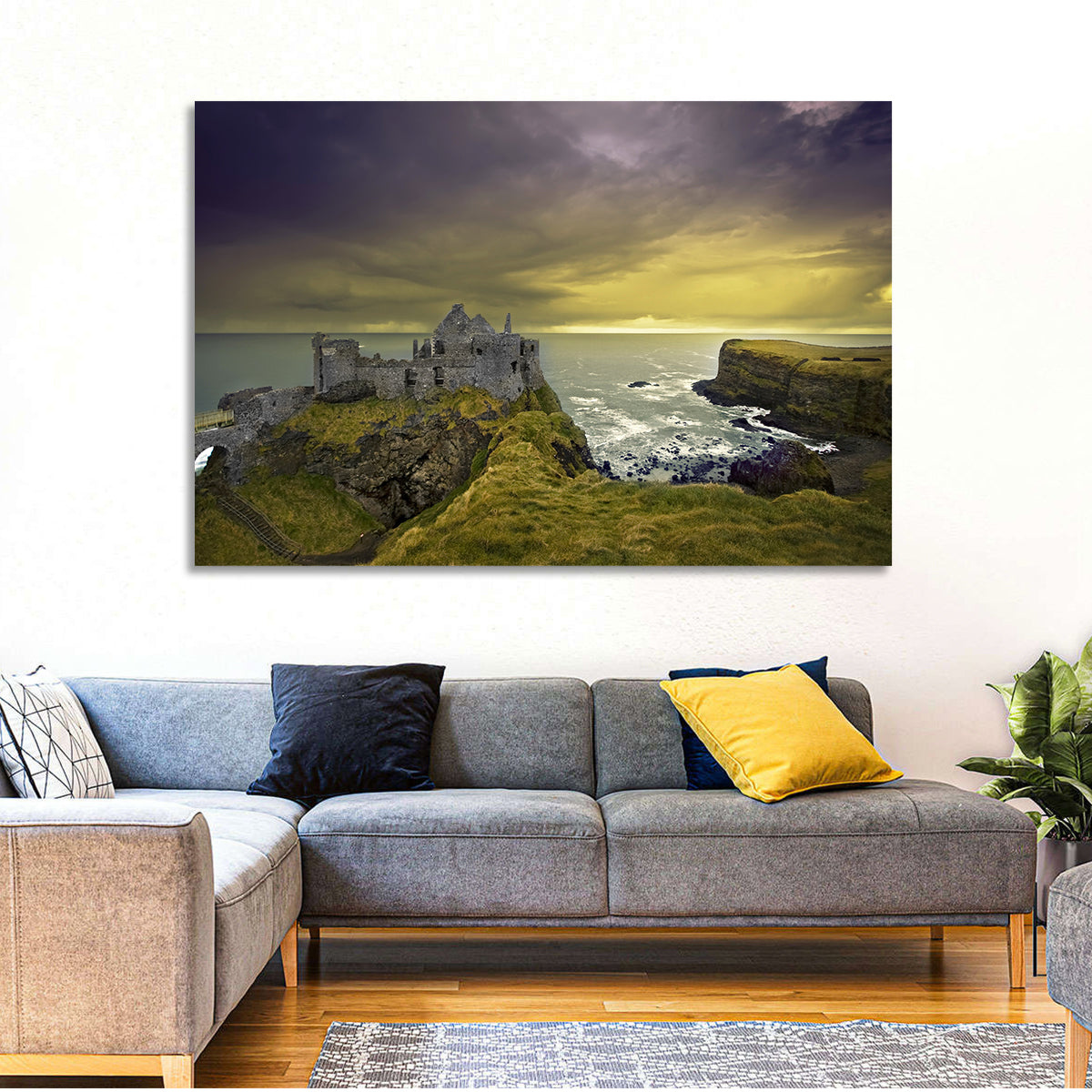 Dunluce Castle Ruins Wall Art in a room, landscape