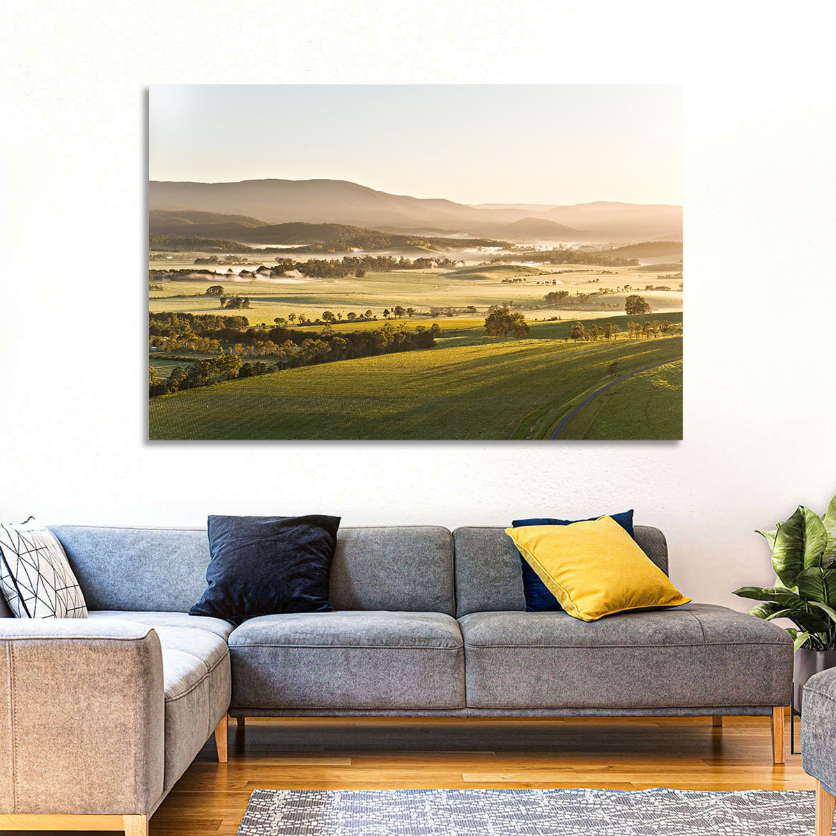 Yarra Valley Morning Mist Wall Art in a room, landscape