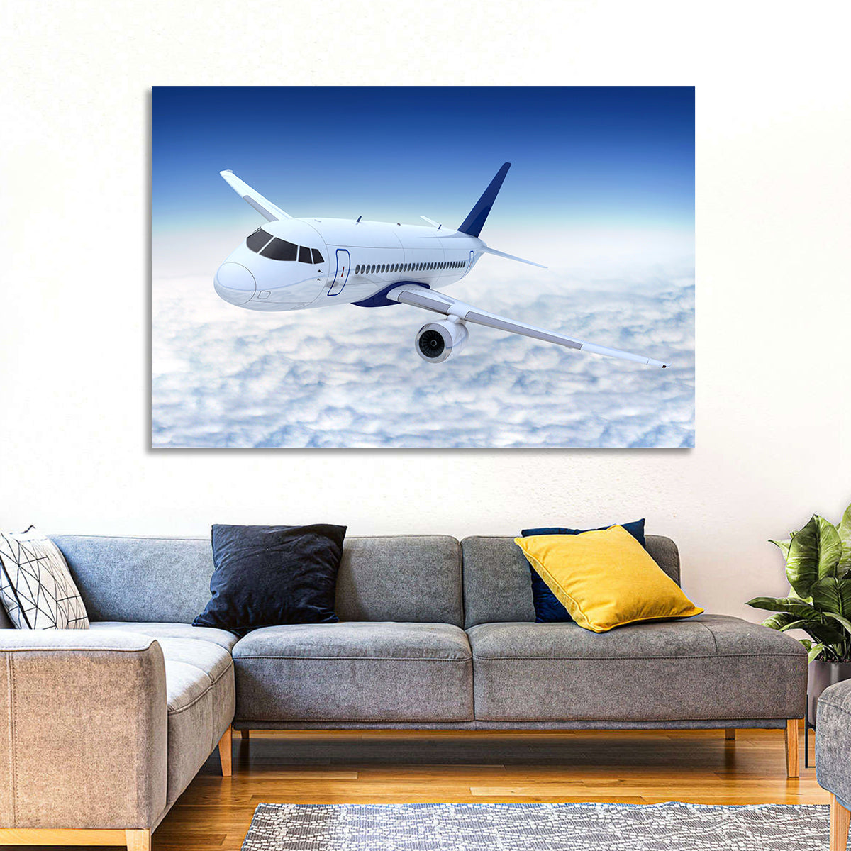 Commercial Jet Above Clouds Wall Art in a room, landscape
