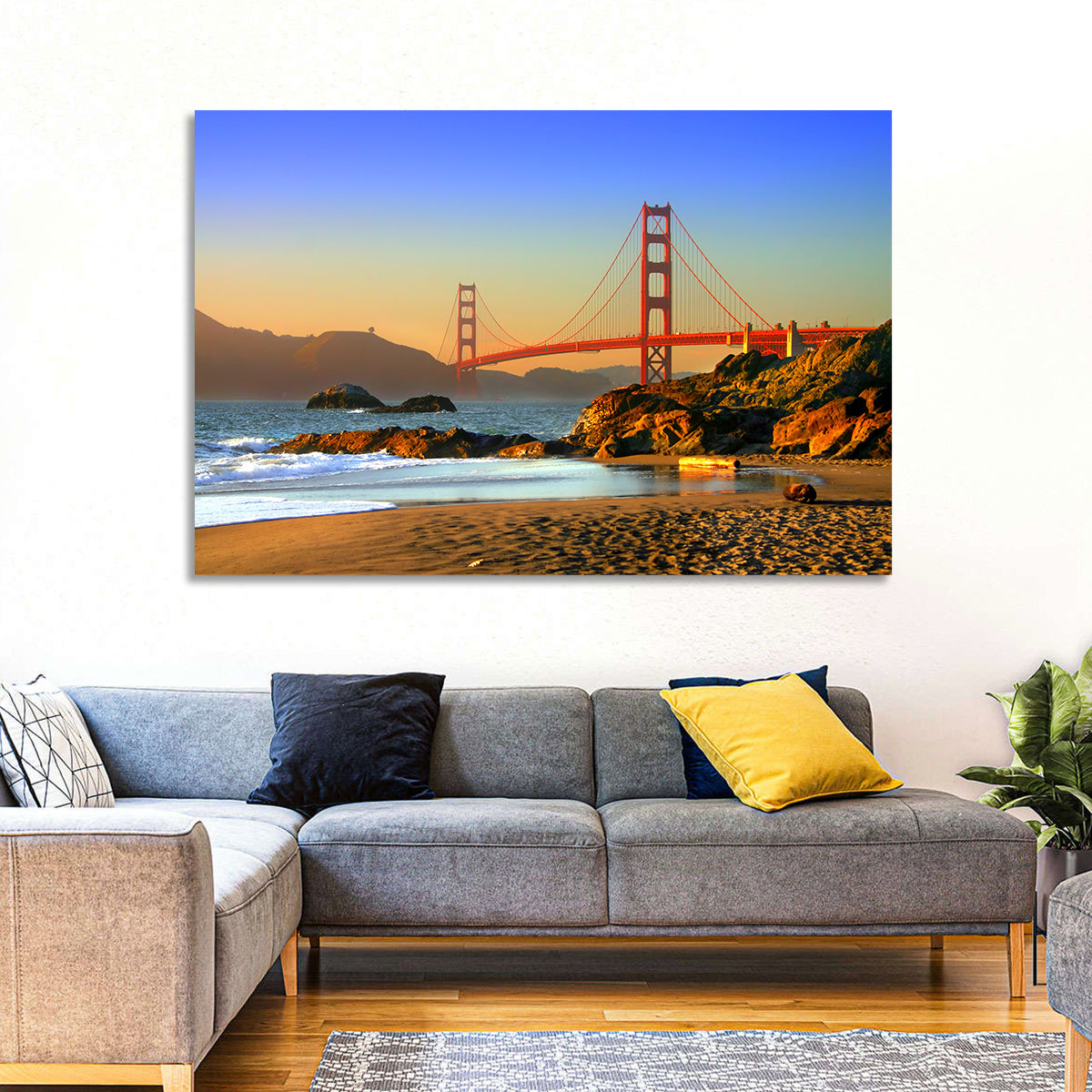 Golden Hour at the Golden Gate Bridge Wall Art in a room, landscape