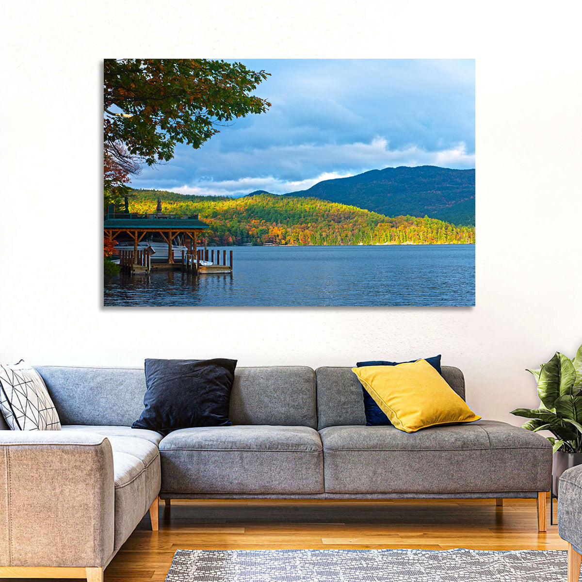 Lake George Boathouse in Autumn Wall Art