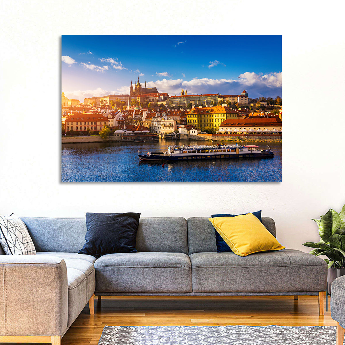 Prague Castle Golden Hour River View Wall Art in a room, landscape