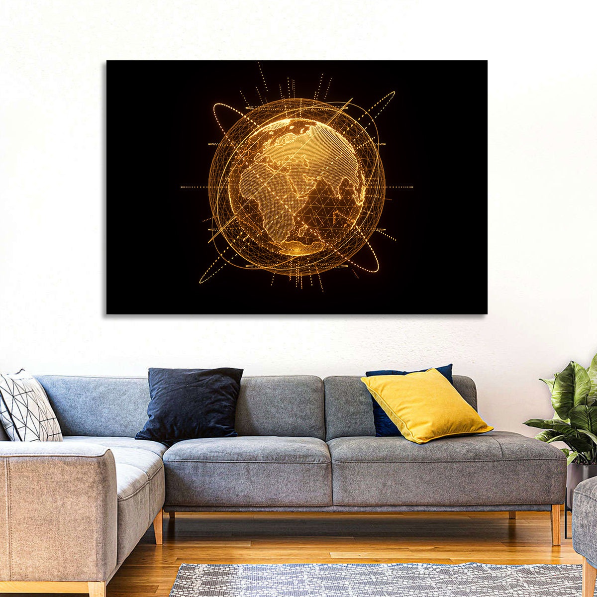 Golden Hologram Globe Wall Art in a room, landscape