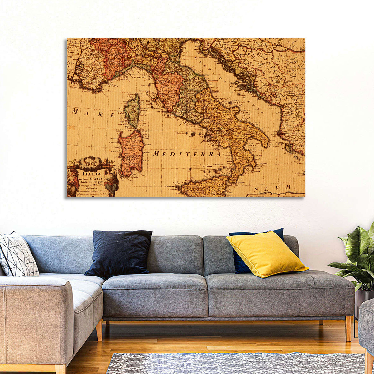 Antique Map of Italy with Ornate Cartouche Wall Art in a room, landscape