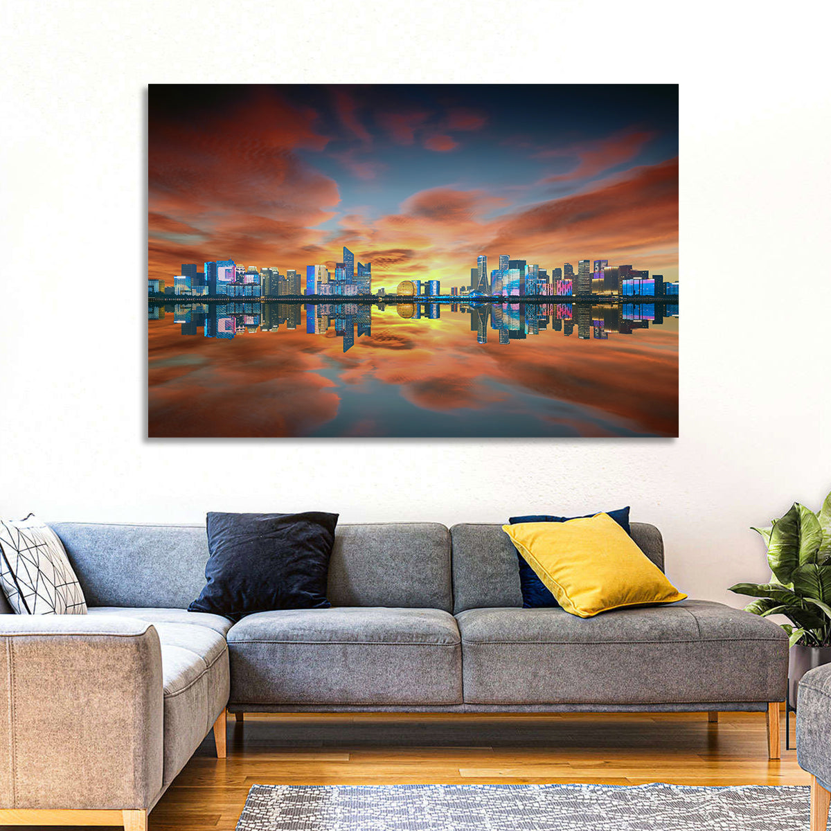Hangzhou Golden Sphere Skyline at Dusk Wall Art in a room, landscape