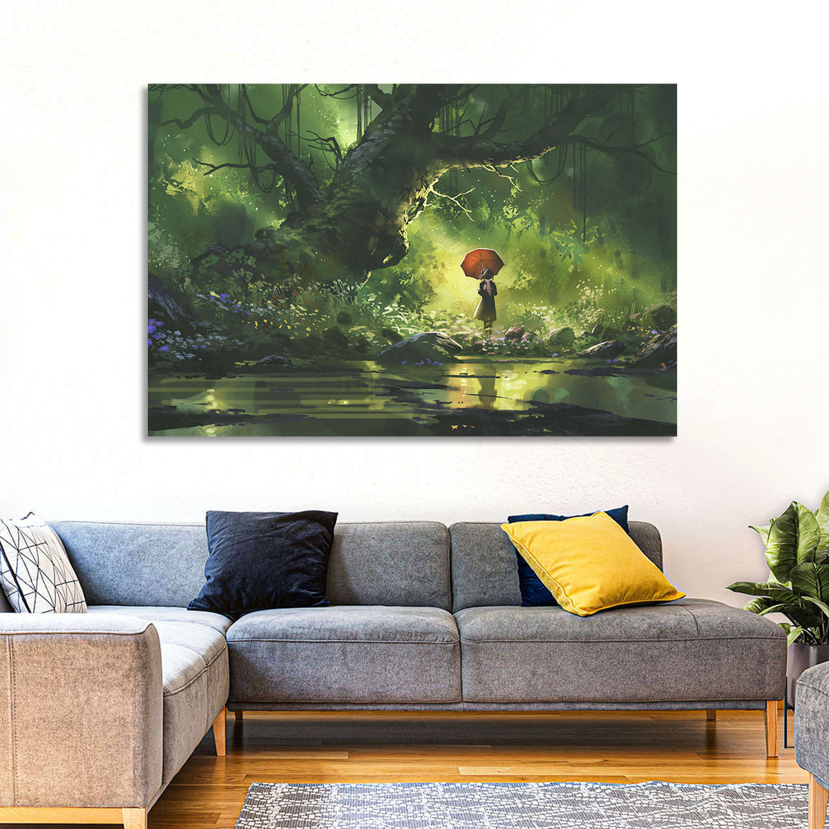Girl with Umbrella in Mysterious Forest Wall Art