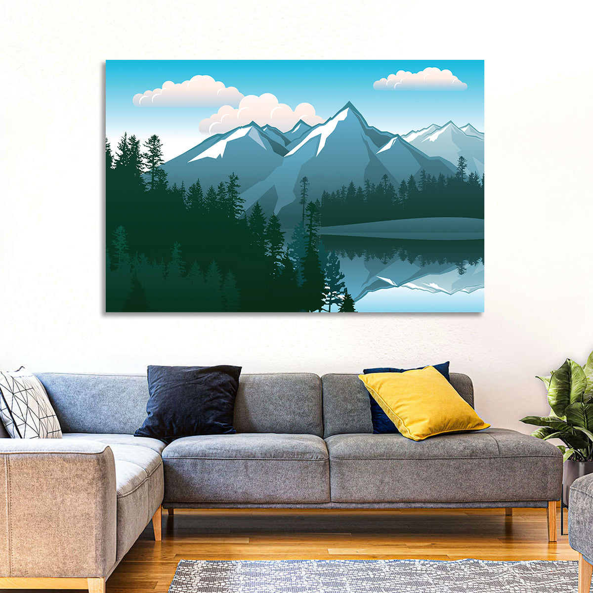 Tranquil Mountain Lake Illustration Wall Art
