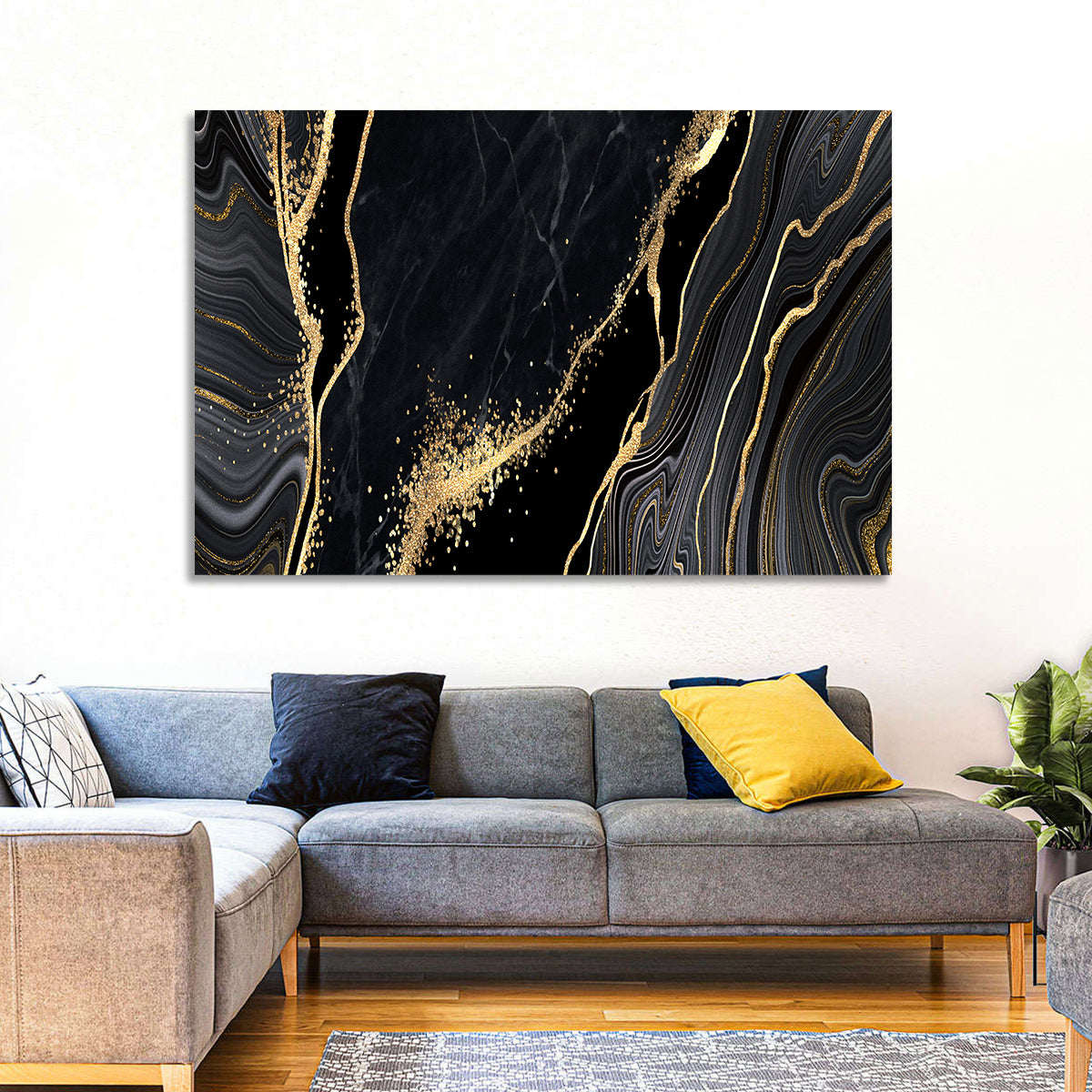 Diagonal Gold Veined Marble Wall Art in a room, landscape