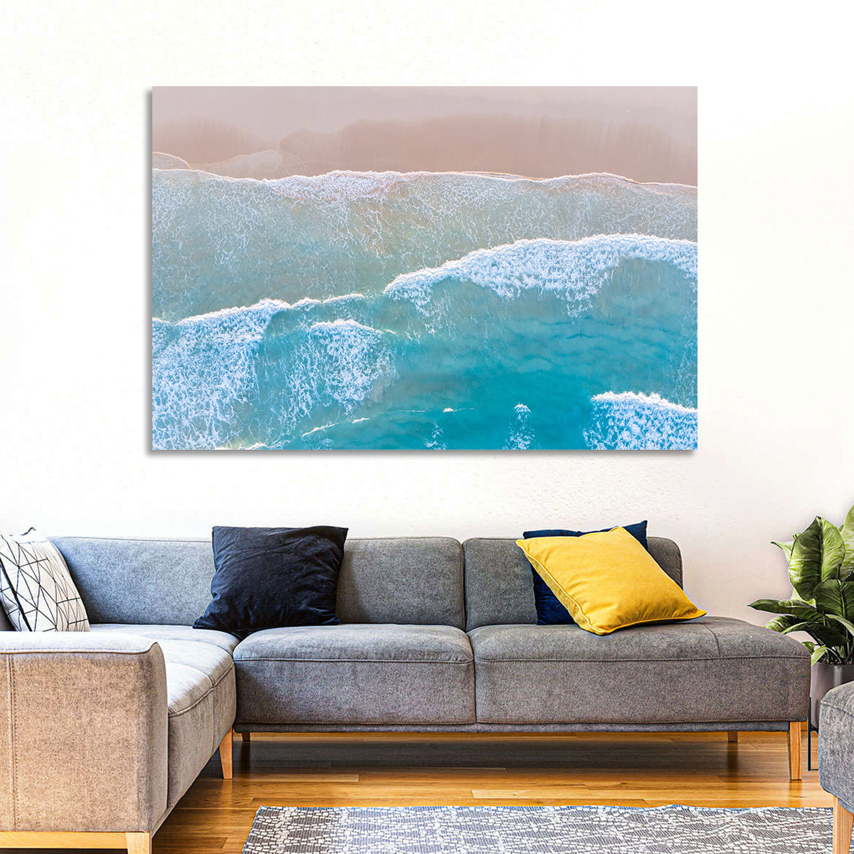 Turquoise Shoreline Aerial View Wall Art in a room, landscape