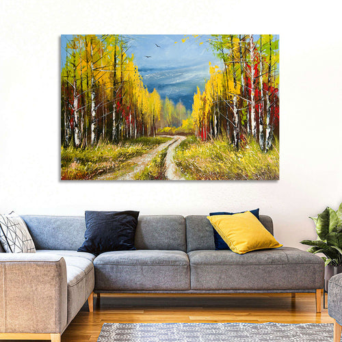 Autumn Birch Path with Two Birds Wall Art