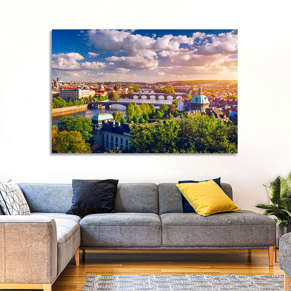 Prague Golden Hour Over Charles Bridge Wall Art in a room, landscape