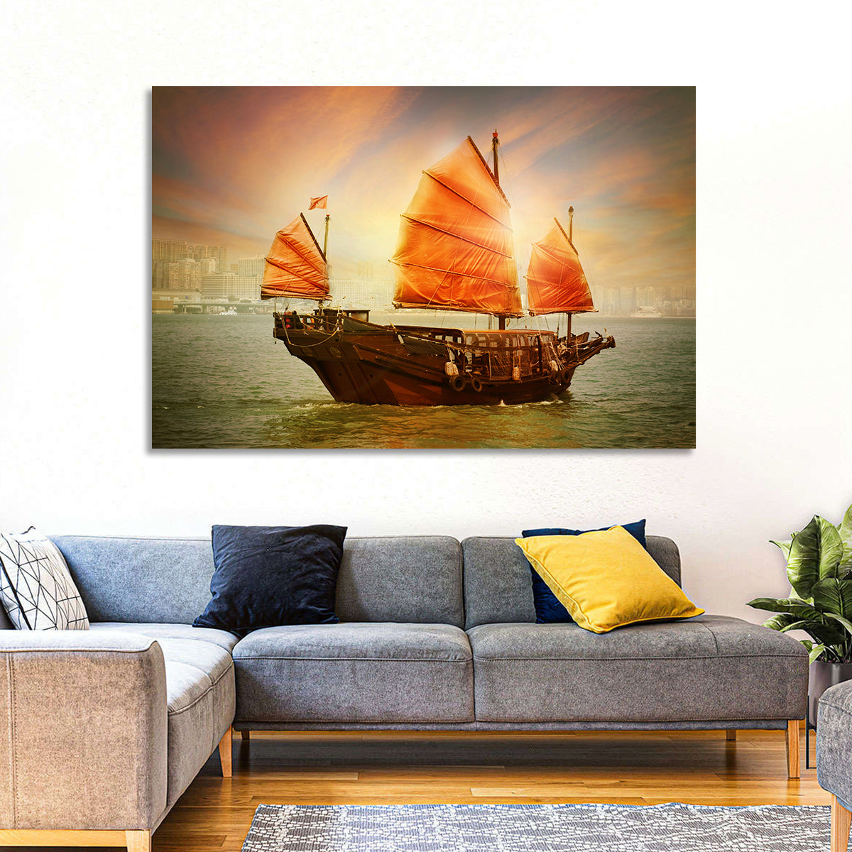 Red Sailed Junk at Victoria Harbour Wall Art