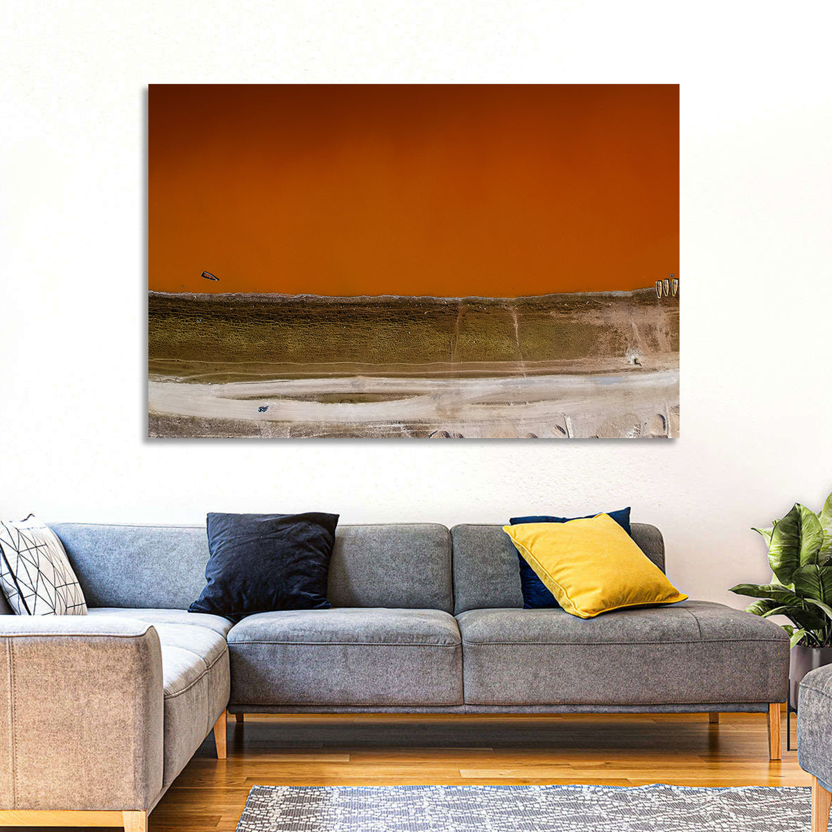 Lake Retba Aerial View Wall Art in a room, landscape