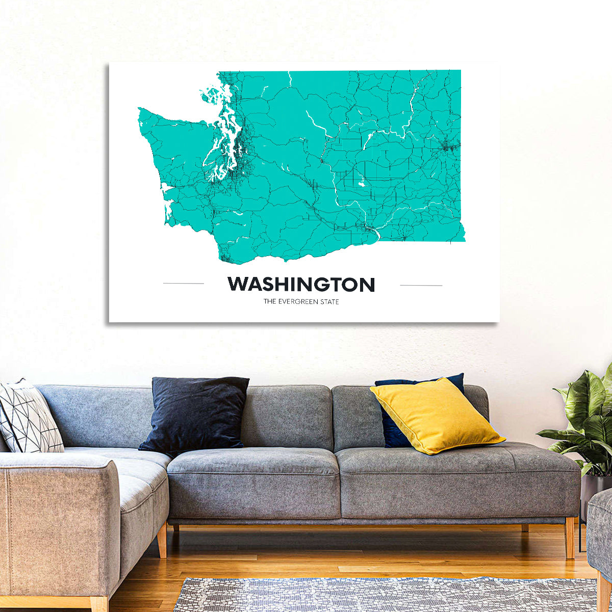 Washington State Minimalist Map Wall Art in a room, landscape