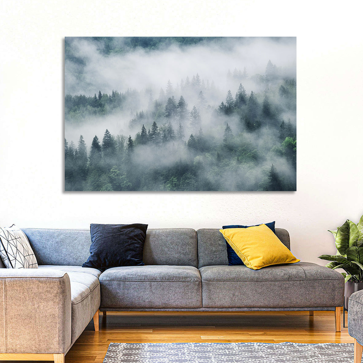 Misty Mountain Forest Wall Art in a room, landscape