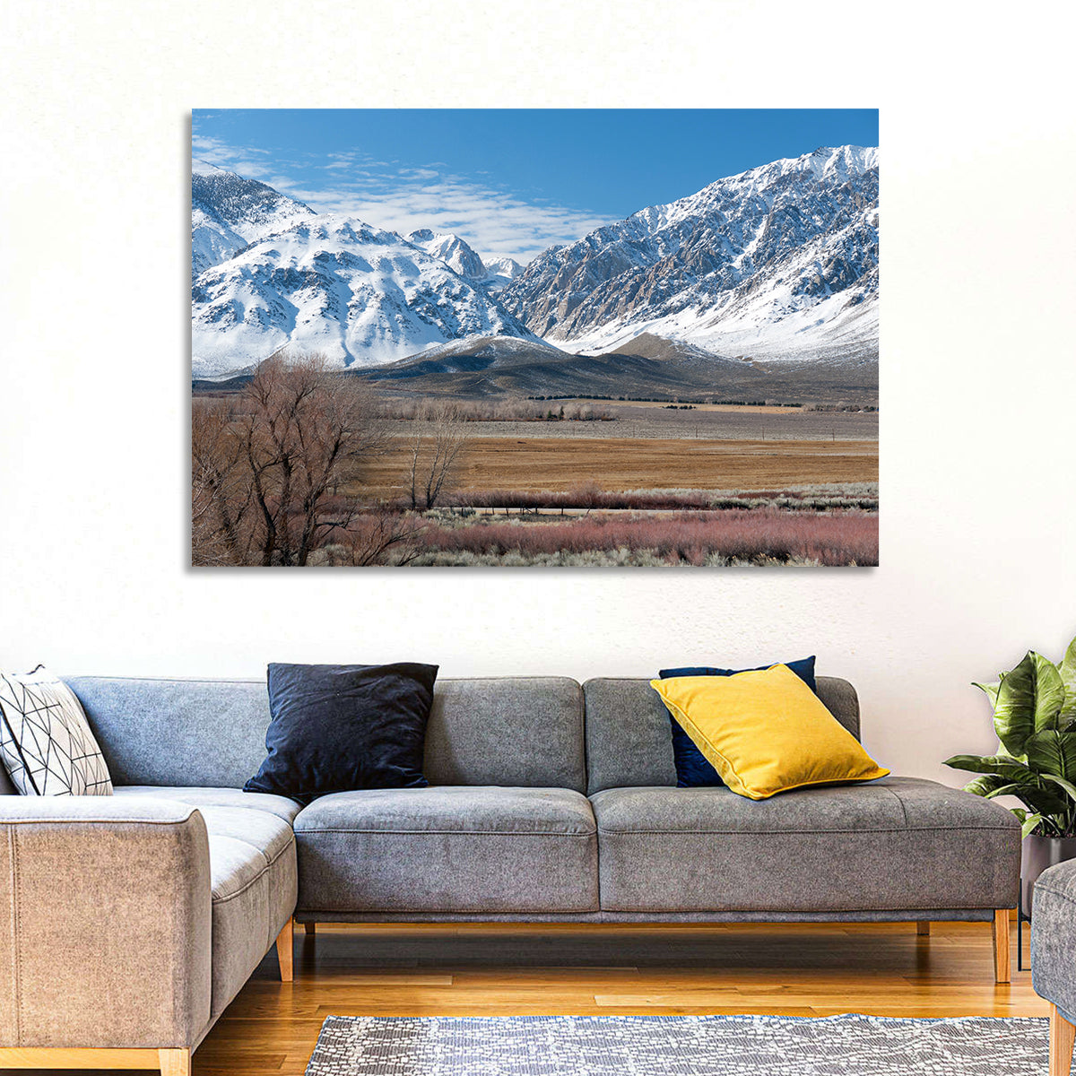 Eastern Sierra Winter Peaks Wall Art in a room, landscape