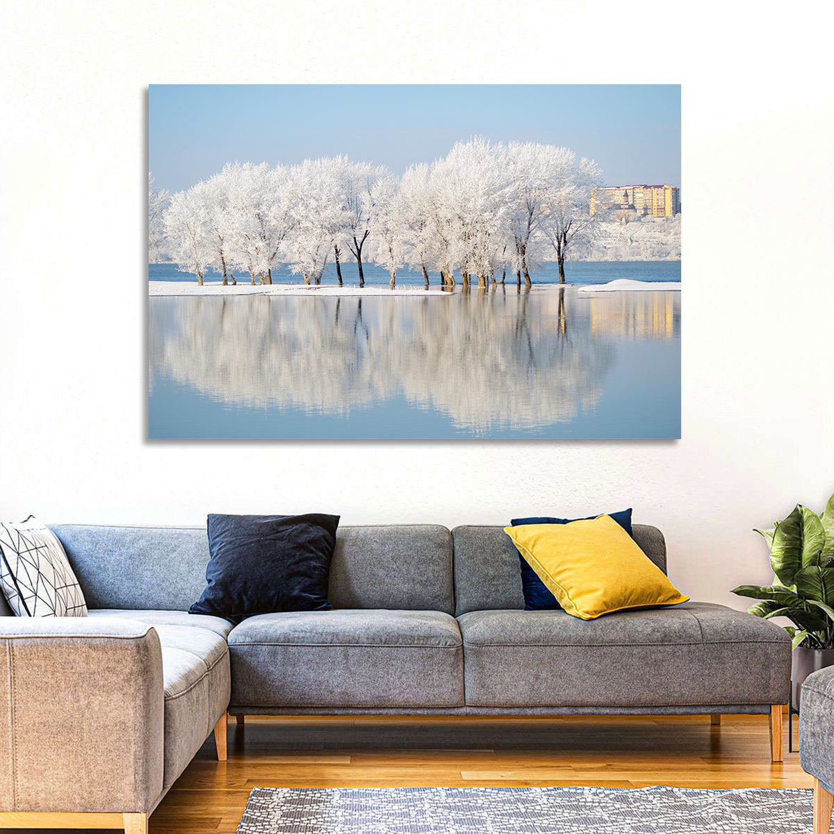 Winter Lake Reflection Wall Art in a room, landscape