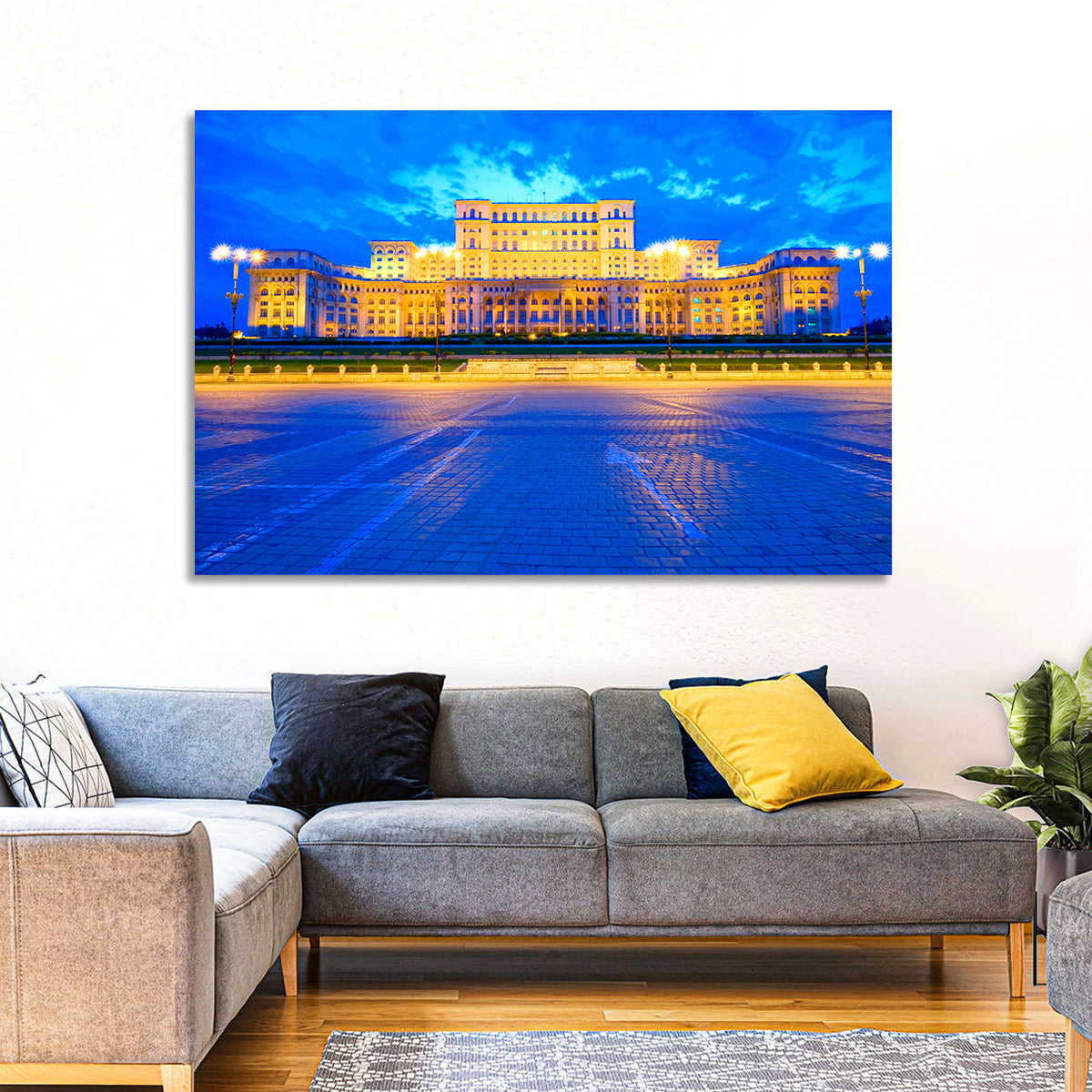 Palace of the Parliament at Twilight Wall Art in a room, landscape