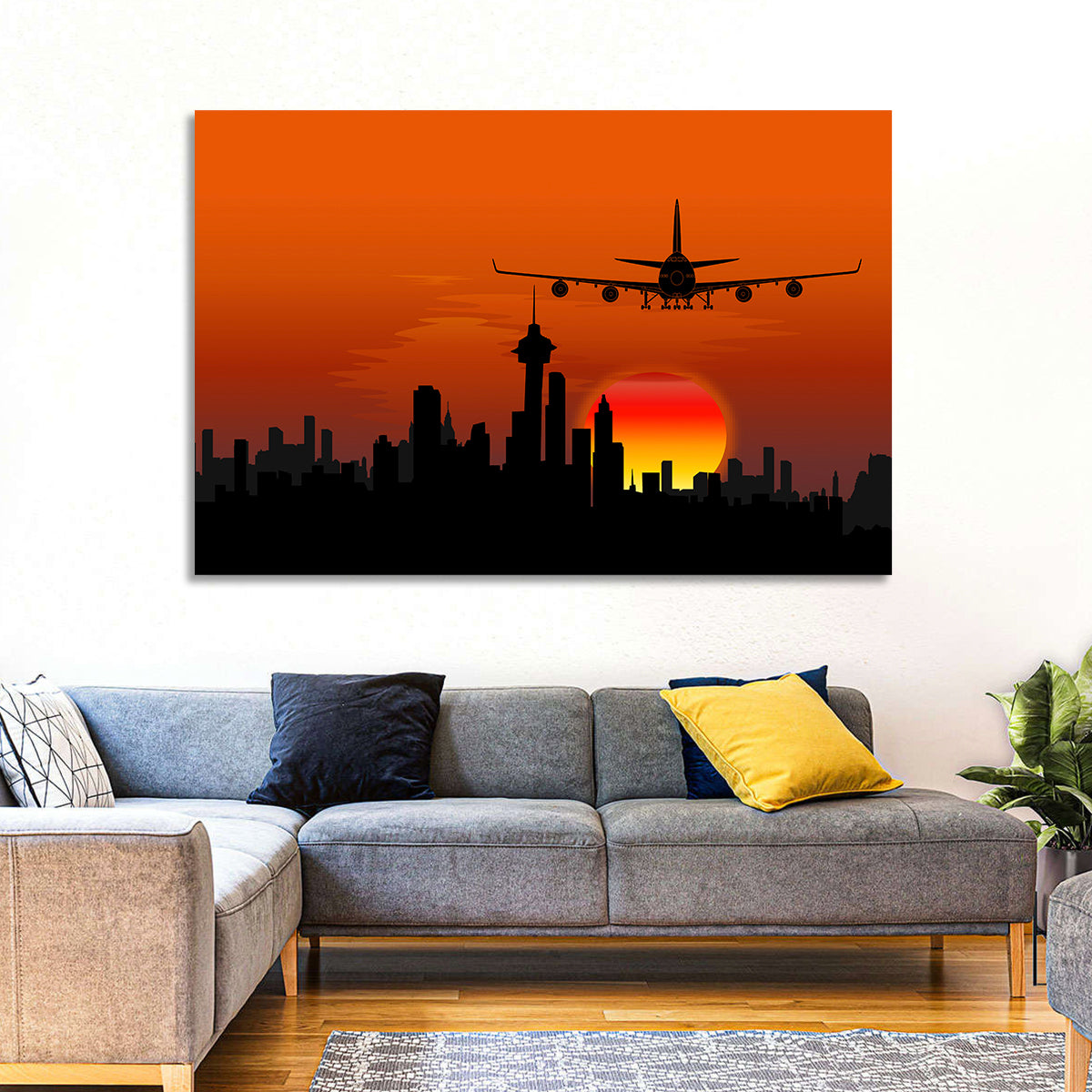 Approaching Jet Over Sunset Skyline Wall Art