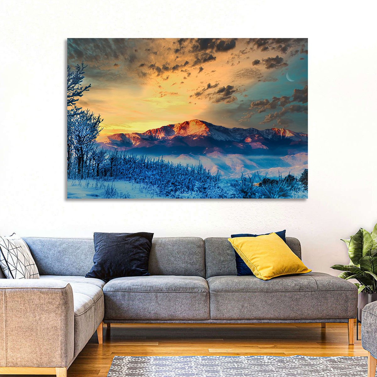 Pikes Peak Golden Sunset Wall Art in a room, landscape