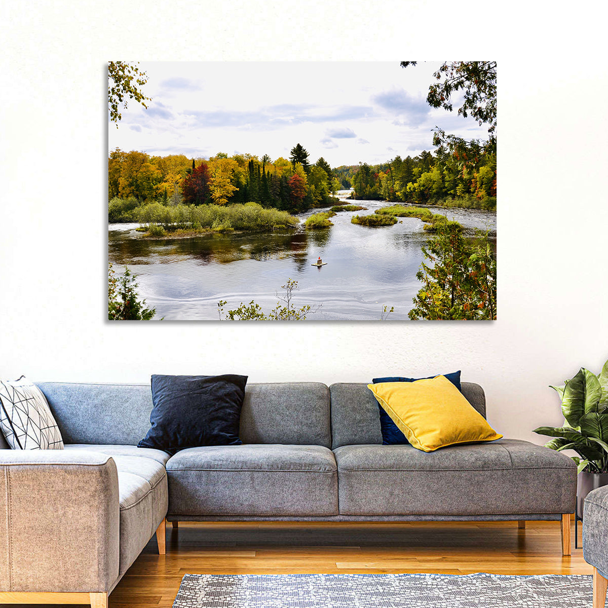 Tahquamenon River Autumn Scene Wall Art in a room, landscape