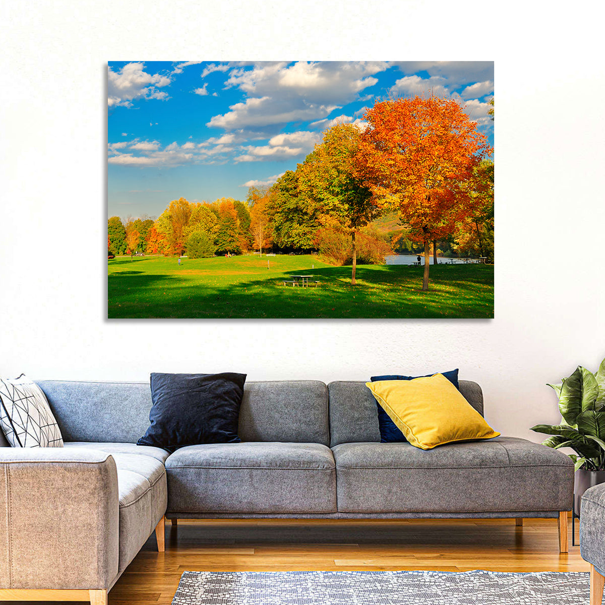 Autumn Trees and Lakeside Lawn Wall Art in a room, landscape