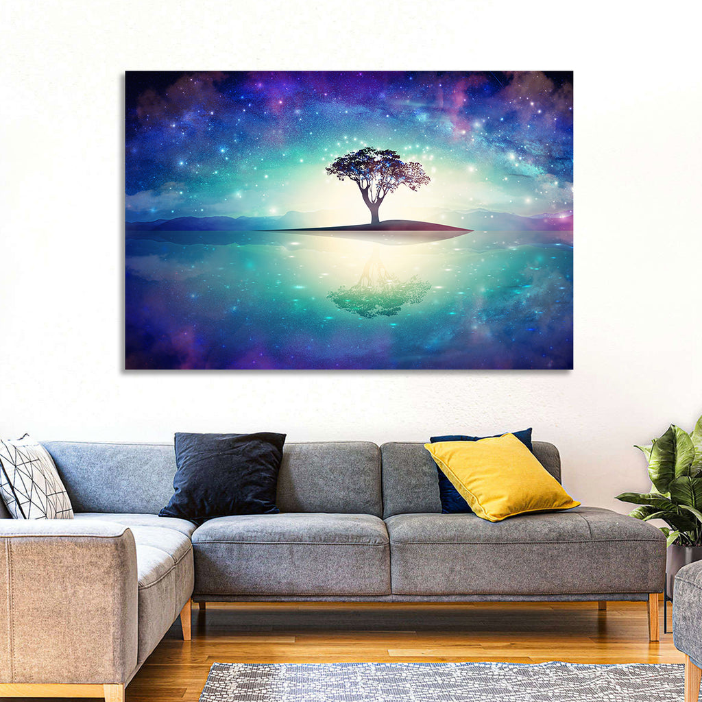 Glowing Island Tree Under Starry Nebula Wall Art