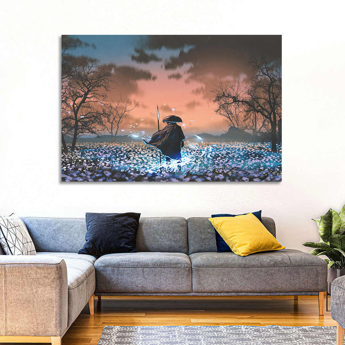 Straw Hat Samurai at Dusk Wall Art in a room, landscape