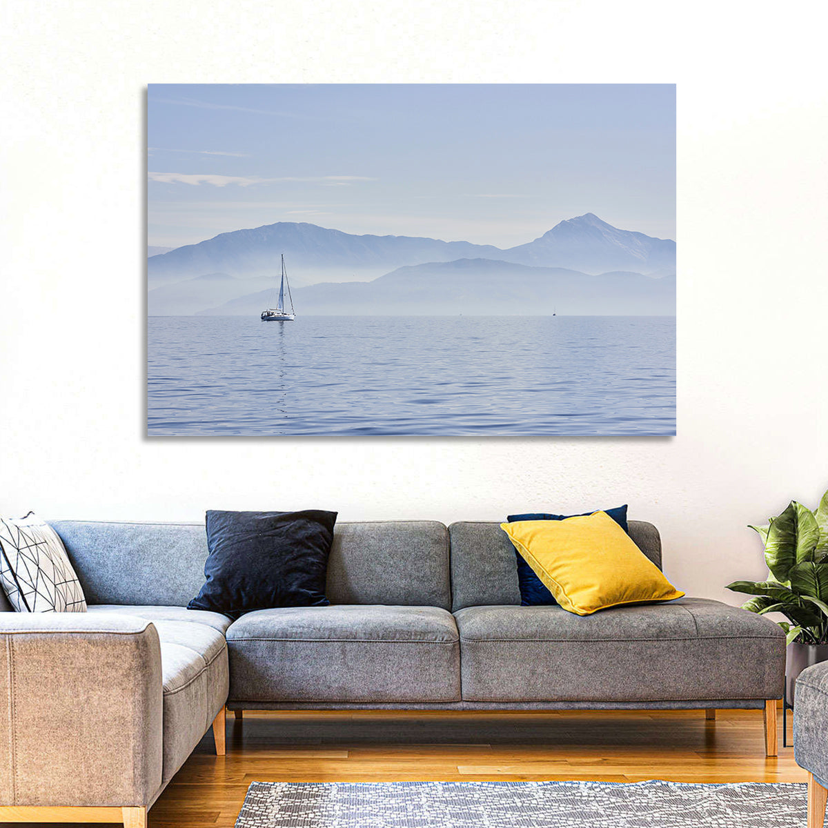 Sailboat and Misty Mountains Wall Art in a room, landscape